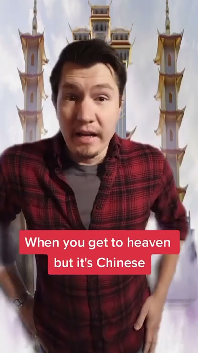 A man standing in front of tall Chinese pagodas, captioned: When you get to heaven but it's Chinese.